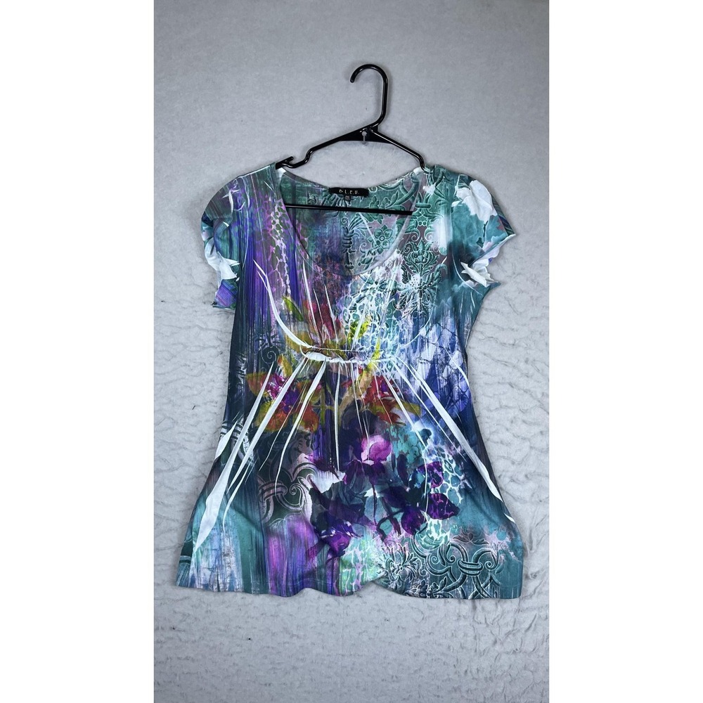 B.L.E.U. Shirt Womens Medium Multicolor Floral Scoop Neck Graphic Tee Top